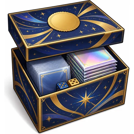 Ilustrasi kotak penyimpanan biru tua-emas berisi sleeve, dadu, dan tumpukan booster pack yang lebih tinggi