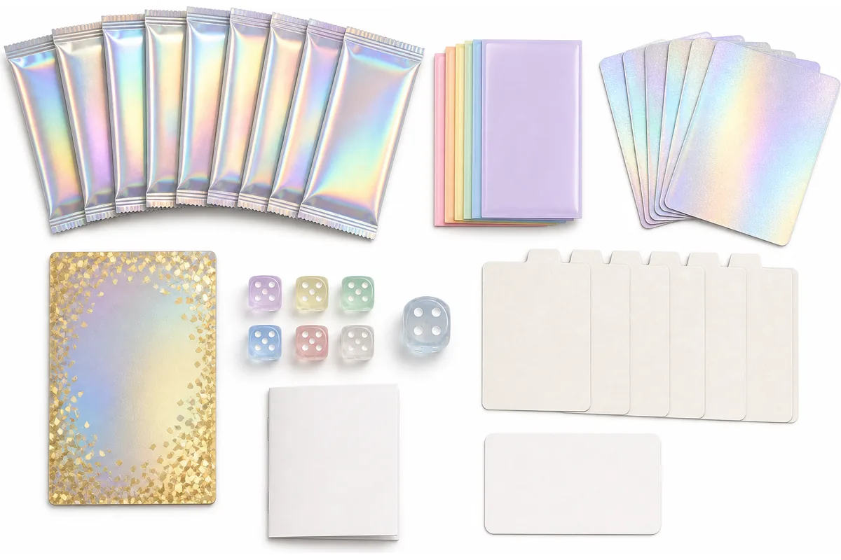 Illustratie in bovenaanzicht van negen neutrale foilpacks, sleeves, foilkaarten, een ingelijste promo-achtige kaart, zeven dobbelstenen, een boekje, zes scheidingskaarten en een codekaart