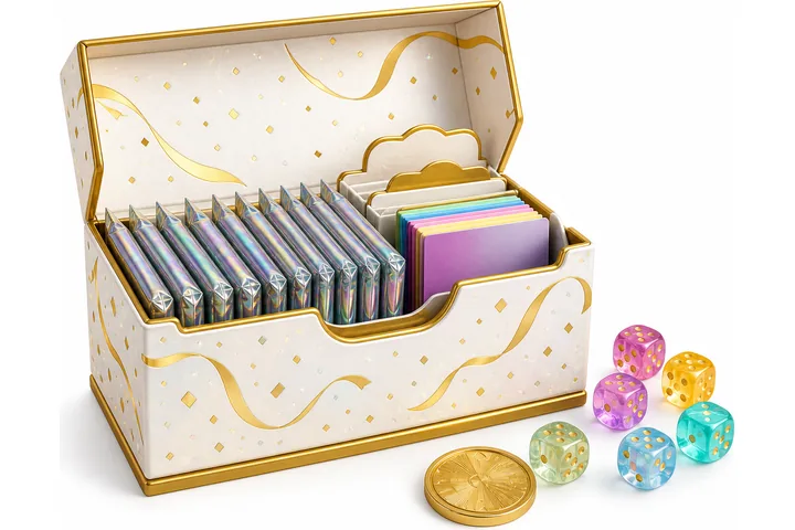 Illustratie van een geopende wit-gouden opbergdoos met een rij neutrale foil boosterpacks, sleeves en scheidingskaarten, met dobbelstenen en een munt ernaast