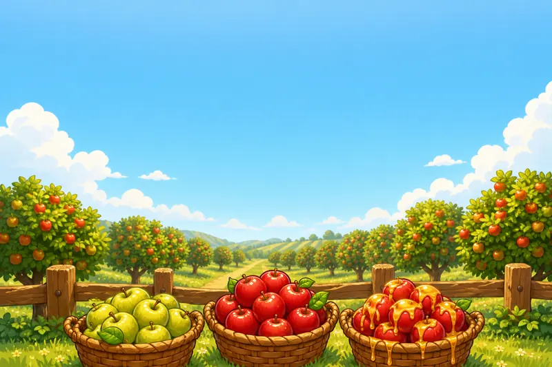 An apple orchard at harvest time with three baskets: green tart apples, red sweet apples and syrup-glazed apples