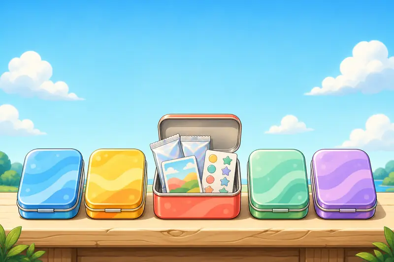 Illustration of five small pastel tins on a shelf; the middle one is open with two foil packs, an art card and a sticker sheet